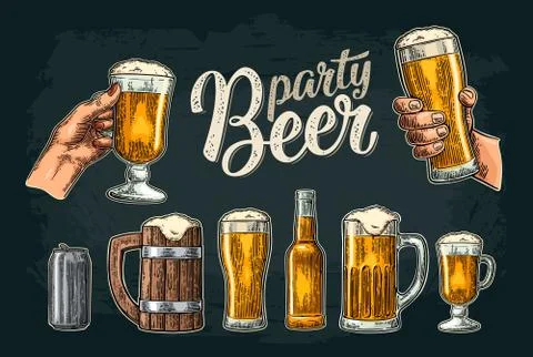 Two hands holding beer glasses mug. Glass, can, bottle. Vintage vector engrav Stockillustratie