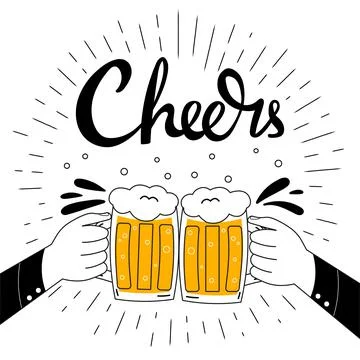 Two hands holding beer mugs and making cheers isolated on white background, l Stock Illustration