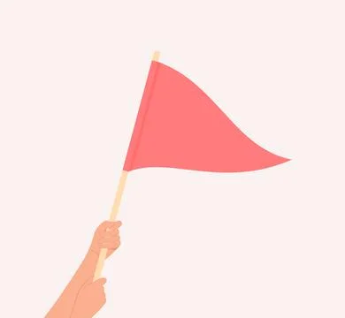 Two hands holding a big red triangular flag. Flat vector illustration Illustrazione stock