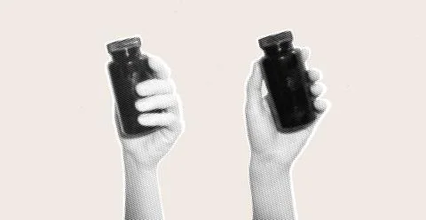 Two hands holding black bottles in halftone effect. Minimalist black and white Illustrazione stock