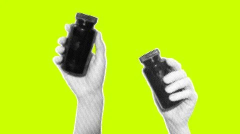 Two hands holding black bottles in halftone effect. Minimalist black and white Illustrazione stock