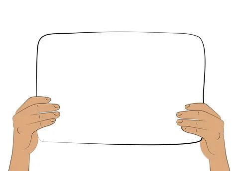 Two hands holding a blank paper page poster or placard. Frame for your text Stock Illustration