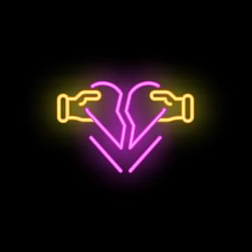 Two hands holding broken heart neon sign on black background Stockillustratie