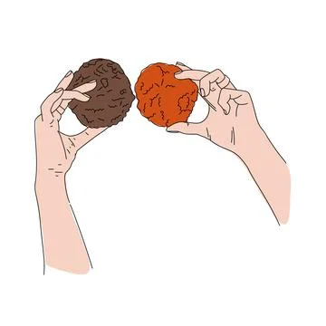 Two hands holding a brown and orange cookies. Delicious biscuits on white backgr Stock Illustration