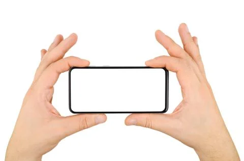 Two hands holding cellphone with empty screen isolated Stock Photos
