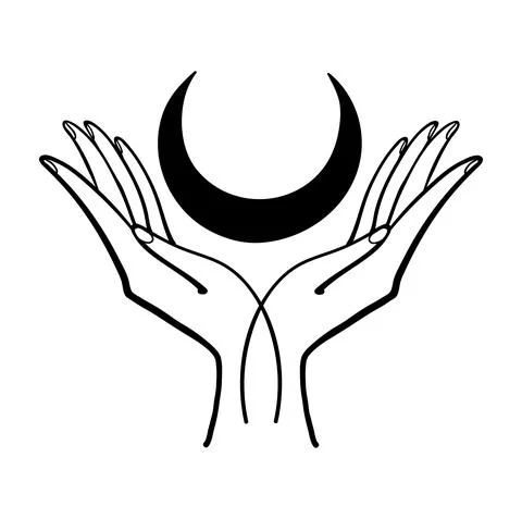 Two hands holding a crescent moon, hand drawing in oriental style, boho sticker Stock Illustration