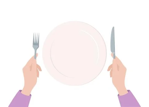 Two hands holding a dinner knife and fork and a large empty plate Stock Illustration