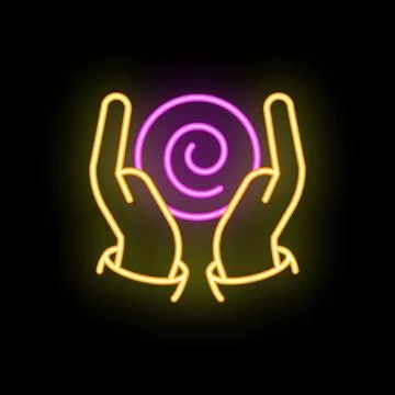 Two hands holding glowing neon swirl on black background Stock Illustration