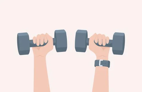 Two hands holding up gray dumbbells on a beige background Stock Illustration