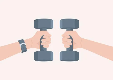 Two hands holding gray dumbbells on a beige background Stock Illustration