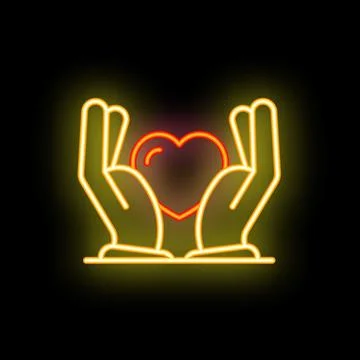 Two hands holding heart shape neon sign with glowing light effect Stock Illustration