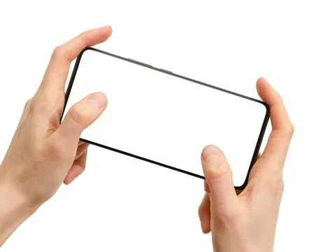 Two hands holding horizontal mobile phone mockup tilted isolated on white b.. Foto stock