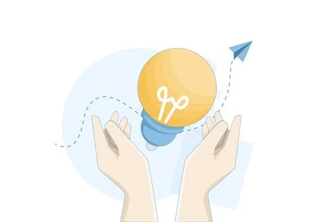 Two hands holding a light bulb, creative thinking or brainstorming. Stock Illustration