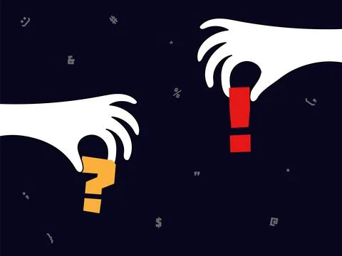 Two Hands holding orange question mark and red exclamation mark on black back Stock Illustration