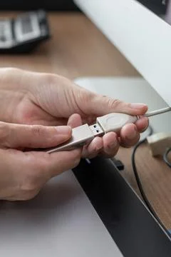 Two hands holding a pendrive on table Foto stock