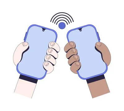 Two hands holding phones with wireless signal instruction graphic 스톡 일러스트