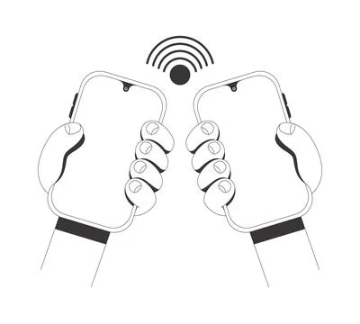 Two hands holding phones with wireless signal line tutorial graphic Stock Illustration