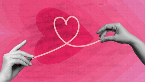 Two hands holding a pink string shaped like a heart against a pink backgrou.. Stock Illustration