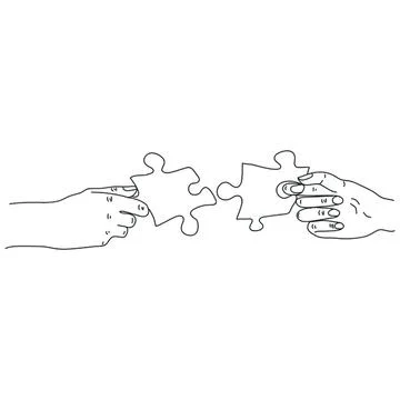 Two hands holding puzzle pieces coming together Stock Illustration