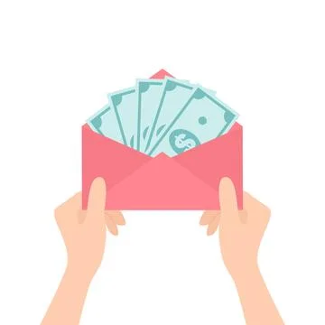 Two hands holding a red envelope with banknotes inside, isolated on white Stock Illustration