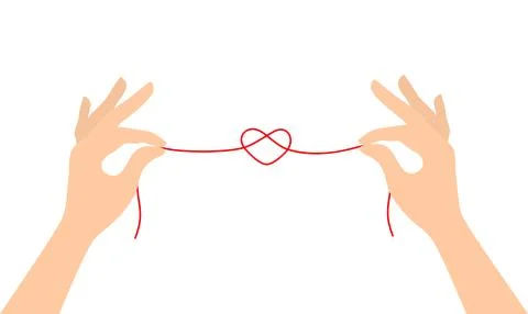 Two hands holding a red thread tied into a knot in the shape of a heart Stock Illustration