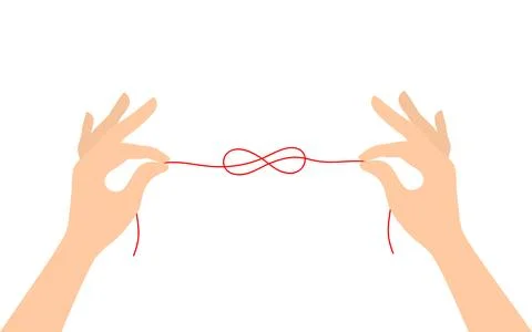 Two hands holding a red thread tied into a knot in the shape of an infinity Illustrazione stock