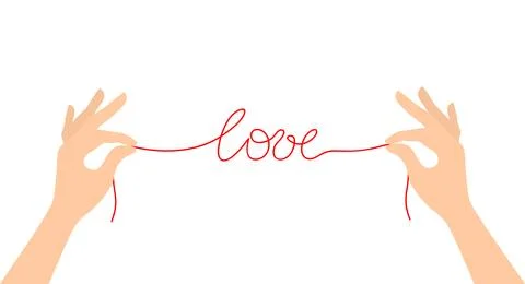 Two hands holding a red thread forming the word "love" Stock Illustration