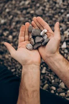 Two hands holding small gray and white pebbles on rocky beach. Blurred back.. Stock Photos