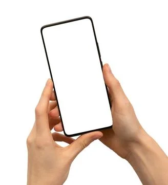Two hands holding smartphone mockup isolated on white background. Mobile ce.. Foto stock
