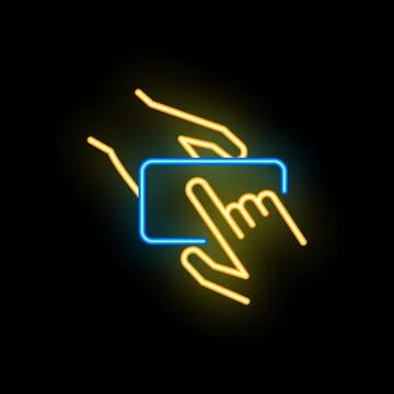 Two hands holding smartphone using touch screen neon sign on black background Stock Illustration