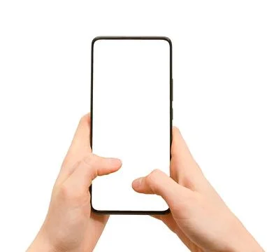 Two hands holding smartphone vertical mockup isolated on white background. .. Stock Photos