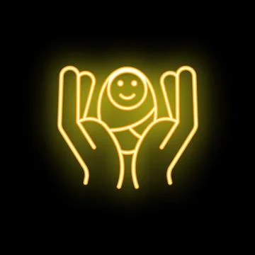 Two hands holding smiling baby neon sign Stock Illustration