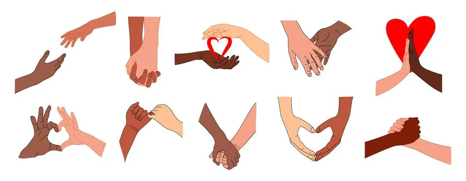 Two hands holding together set of vector outline illustrations isolated. Stock Illustration