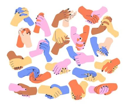 Two hands holding together set collection with retro, allyship or friendshi.. Stock Illustration