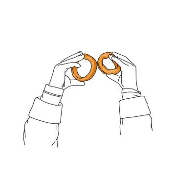Two hands holding two fried onion rings in front of each other. Body part line a Stock Illustration