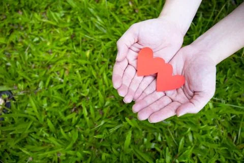 Two hands holding two red heart Stock Photos