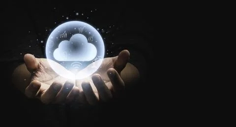 Two hands holding virtual could computing with technology icons Stock Photos