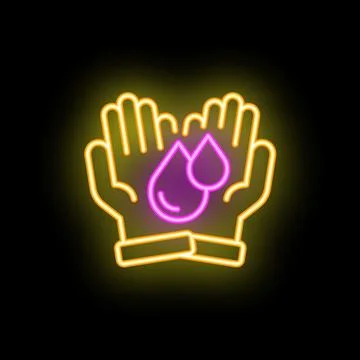 Two hands holding water drops neon sign on black background Stock Illustration