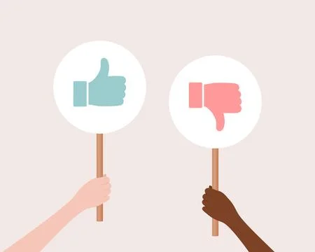 Two hands holding up white circle posters with like and dislike signs Illustrazione stock