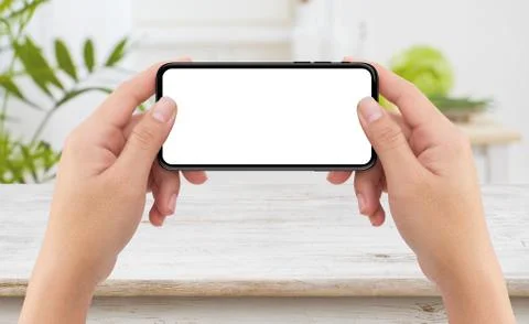 Two hands holding white mobile smartphone device Stock Illustration