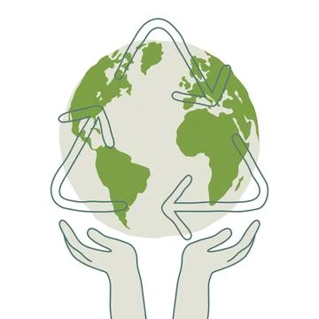 Two hands holding the world and recycle icon hand drawn. Vector design illu.. Stock Illustration