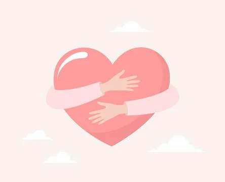 Two hands hugging a big red heart on a beige background with clouds Stock Illustration