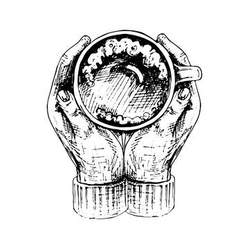 Two hands hugging a cup of coffee. Top view. Vintage black engraving Stock Illustration