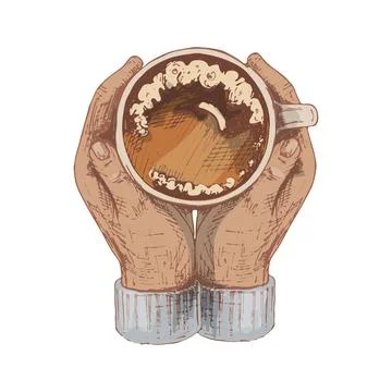 Two hands hugging a cup of coffee. Top view. Vintage black engraving Stock-Illustration