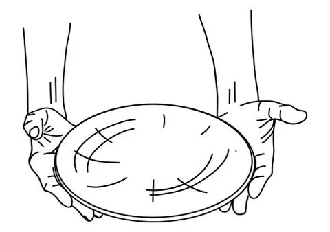 Two hands of hungry man hold a white dish isolated white and top view Stock Illustration