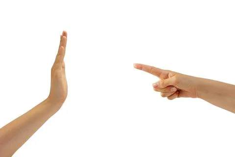 Two hands insulated on a white background, a gesture of protection or stop Stock Photos