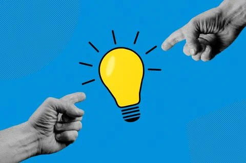 Two hands with lightbulb, halftone collage. Brainstorm concept. 写真素材