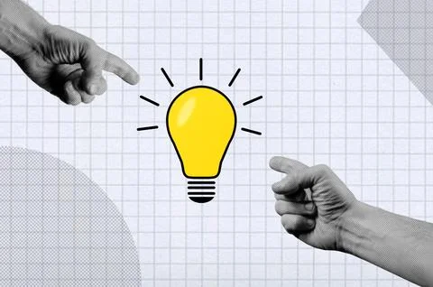 Two hands with lightbulb, halftone collage. Brainstorm concept. Stock Photos