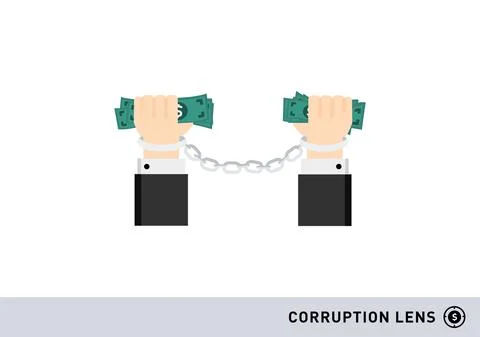 Two hands locked by handcuff and hold cash from corruption dealing vector Stock Illustration