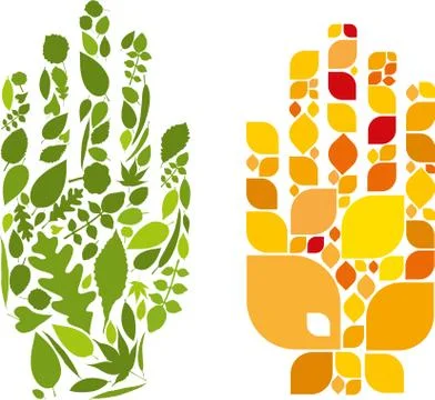 Two hands made by green and dry leaves. Stock Illustration